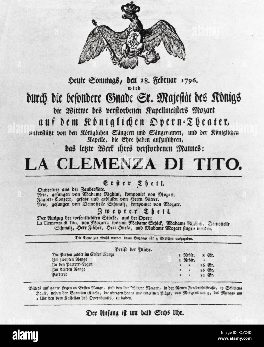MOZART - LA CLEMENZA DI TITO Announcement of 28 Feb 1796 performance at Royal Opera House (Königliches Opern-Theater), Berlin. First performance in Berlin. Stock Photo