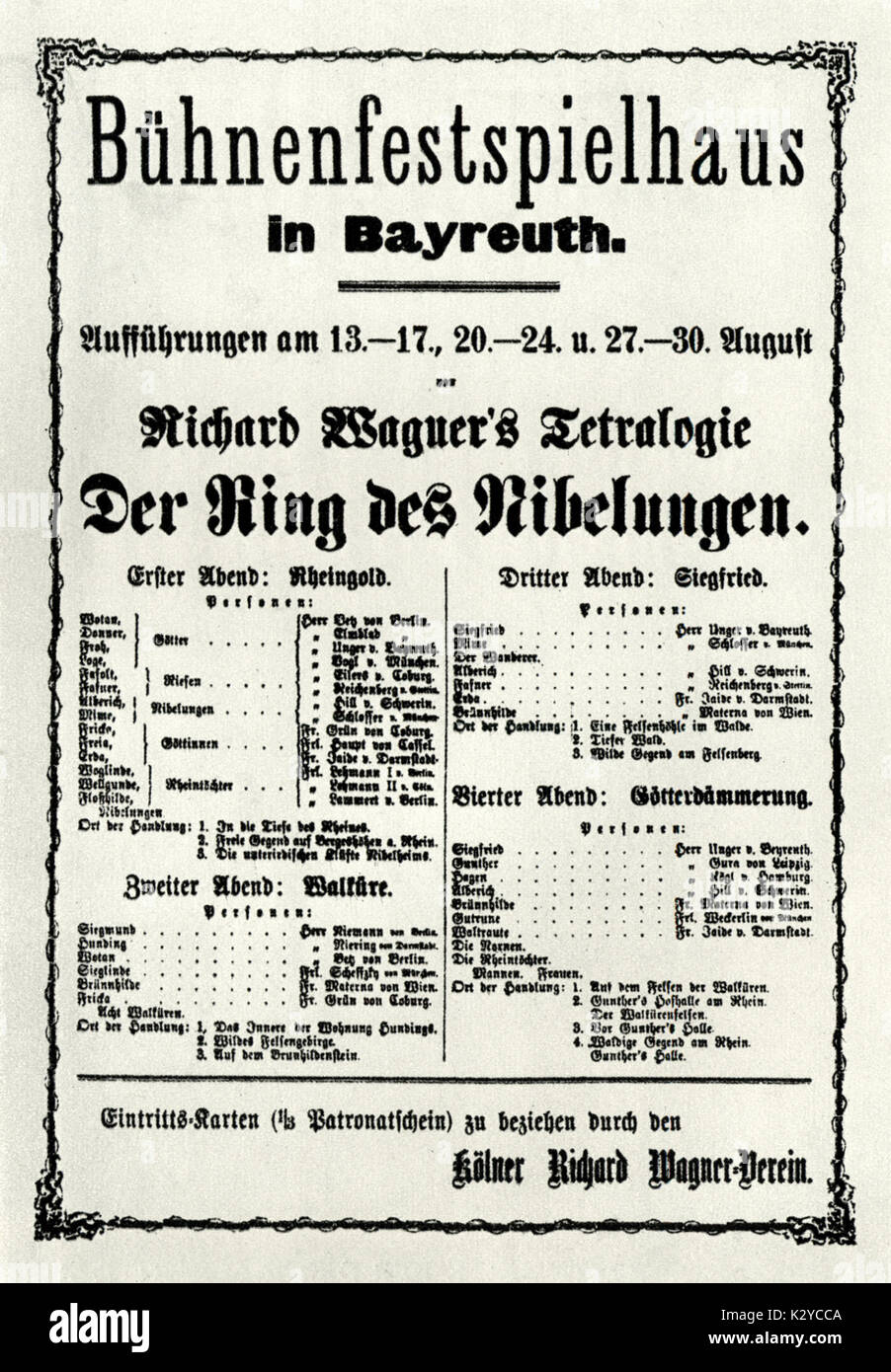 Richard WAGNER - Ring Cycle - Bayreuth Announcement  for production of the Ring Cycle at Bayreuth Bühnenfestspielhaus.  August 13-17, 20-24, 27-30, 1876 Stock Photo