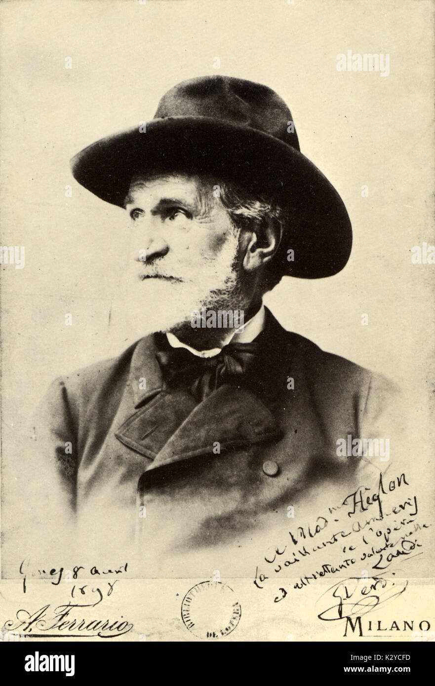 Giuseppe Verdi - portrait with hat. Signed 1898 Italian composer (1813-1901) Stock Photo