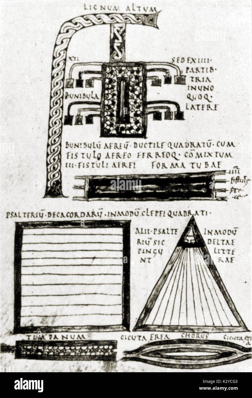 Anicius Manlius Severinus Boethius. Page from his treatise 'De Musica' showing various instruments, including 10 stringed psaltery. Roman philosopher and theorist (475-524). Stock Photo