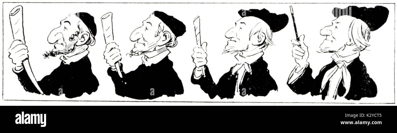 WAGNER, Richard - Caricature - Heading: ' Darwinian Theory of Evolution '. Caption: ' How Roof Wagele, Shofarblower in Leipzig, gradually turned into Richard Wagner ' Published in Floh, by Th. Zajacskowski..  German composer & author (1813-1883).Suggesting Wagner had Jewish origins? Anti-semitism Stock Photo