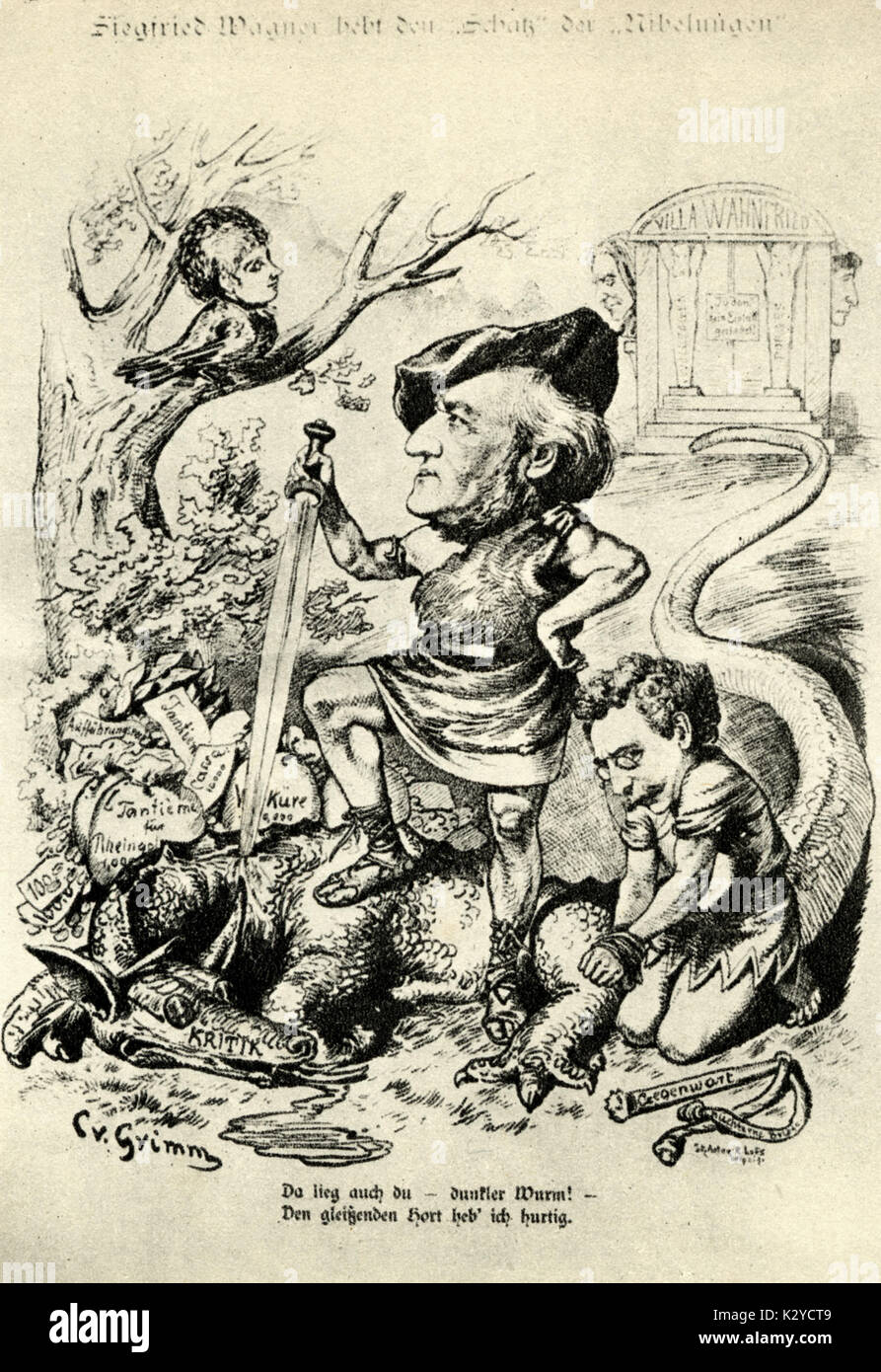 Richard WAGNER - Caricature - 1879 by CV Grimm Heading: 'Siegfried-Wagner raises the 'treasure' of the Nibelungs.'  Wagner has slain the dragon which symbolises the Critics (Kritik). Published in Leipzig, 1879.  Villa Wahnfried in backgroundGerman composer & author (1813-1883). Stock Photo