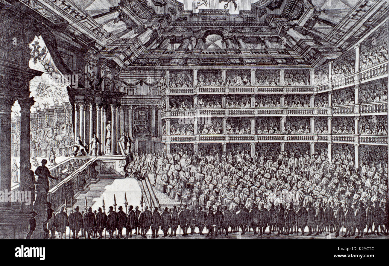 CESTI,(Pietro)Antonio. - Il pomo d'oro - 1666/7 Interior view of theatre, built of wood on the Cortina by engineer Ludovico Burnacini for production of Cesti's opera, Vienna (end of 1666 or beginning of 1667). Etching: F. Geffels. Italian composer (1623-1669). Stock Photo