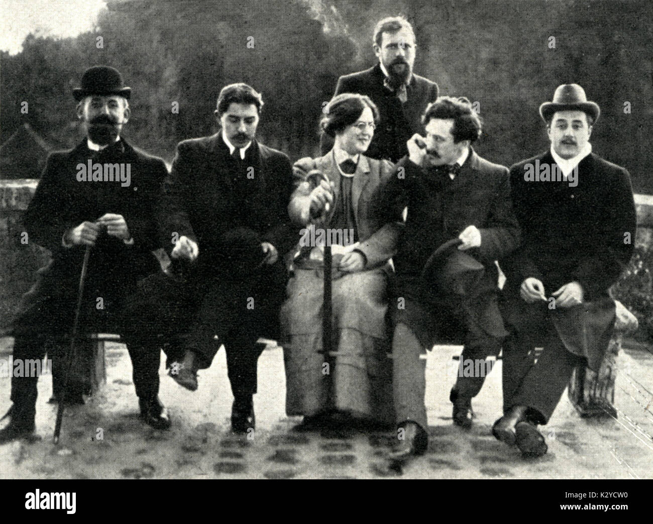 Nadia Boulanger with competitors for Grand Prix de Rome, 1907  (From July Musica, 1907)  L-R: Leboucher, Masselier, Boulanger, Gaubert, Delmas, Gailhard. French Composer and Teacher (1887-1979). Stock Photo