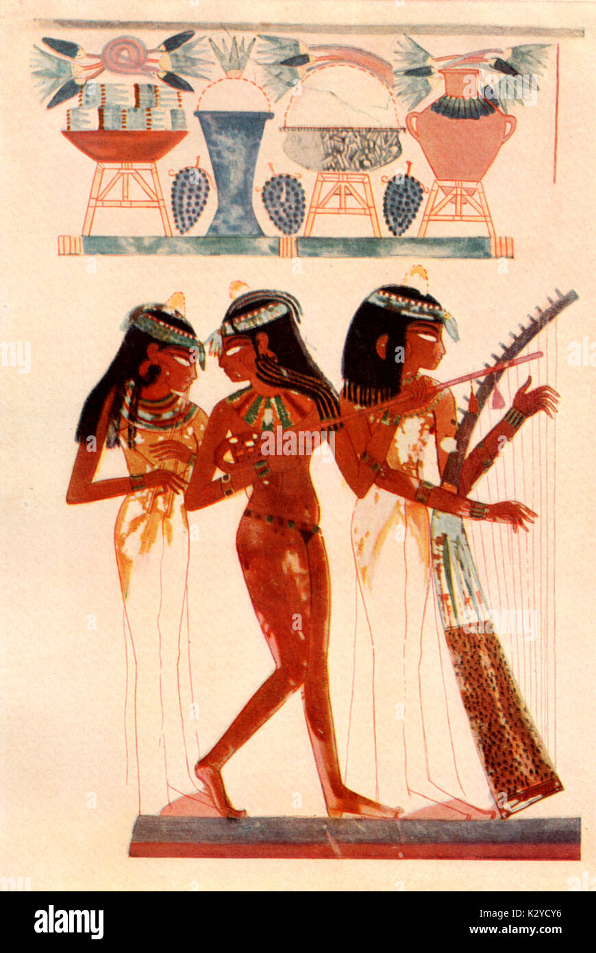 INSTRUMENTS ANCIENT EGYPT Musicians with DOUBLE FLUTE, HARP and