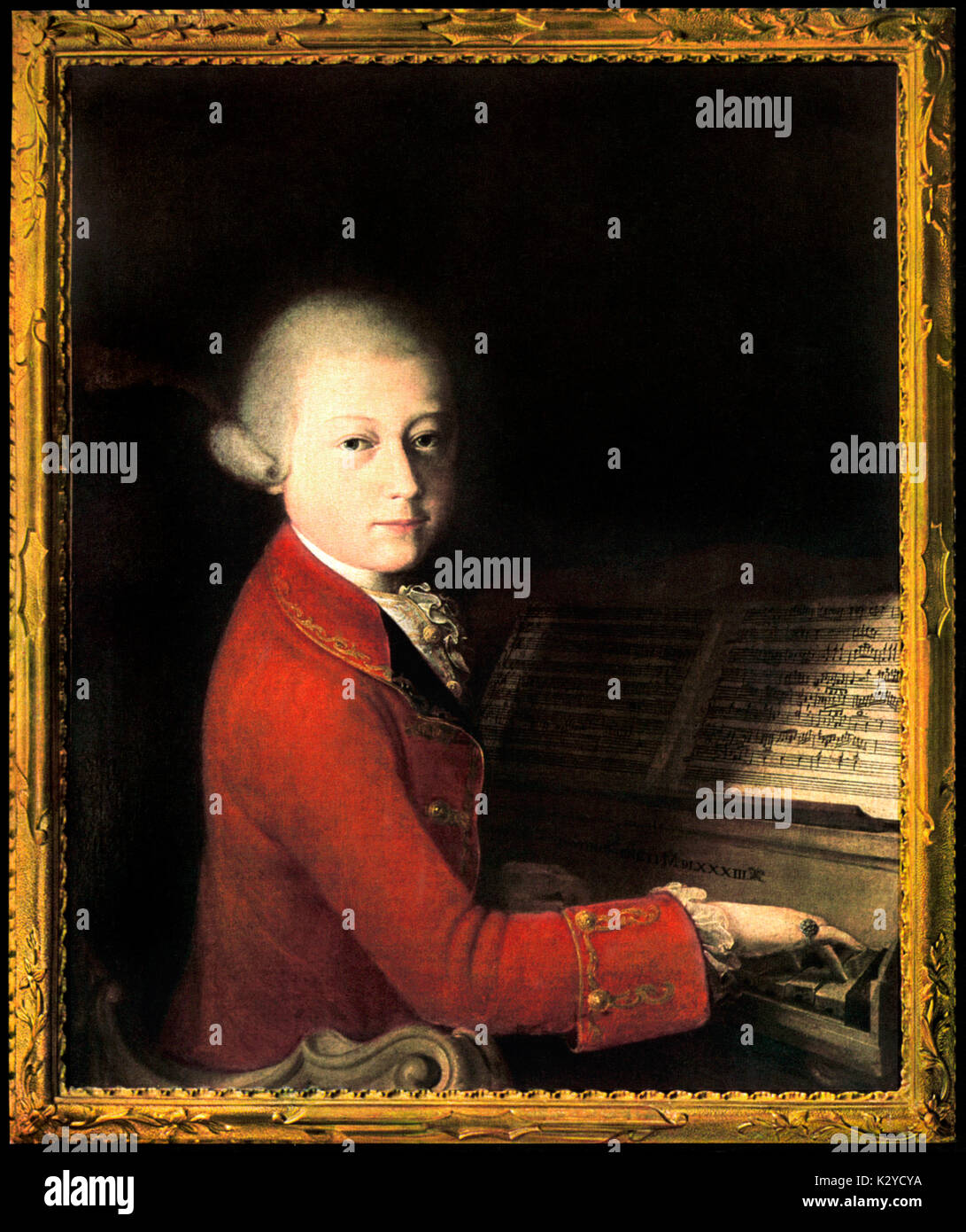 'Wolfgang at Verona' - portrait of Wolfgang Amadeus Mozart at the piano, 1770, aged 14. Painting by  Portrait of 14 year old Mozart.  Portrait by Giuseppe Cignaroli (1726-1796 Italian artist).   Austrian composer, 27 January 1756 - 5 December 1791. Stock Photo