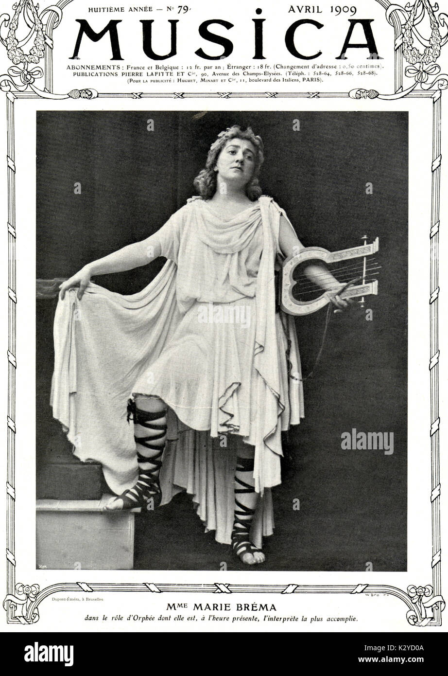 GLUCK - Orfeo ed Euridice - Bréma as Orphée Marie Bréma (English mezzo-soprano of German-American parentage, 1856-1925) as Orphée, April 1909. Stock Photo
