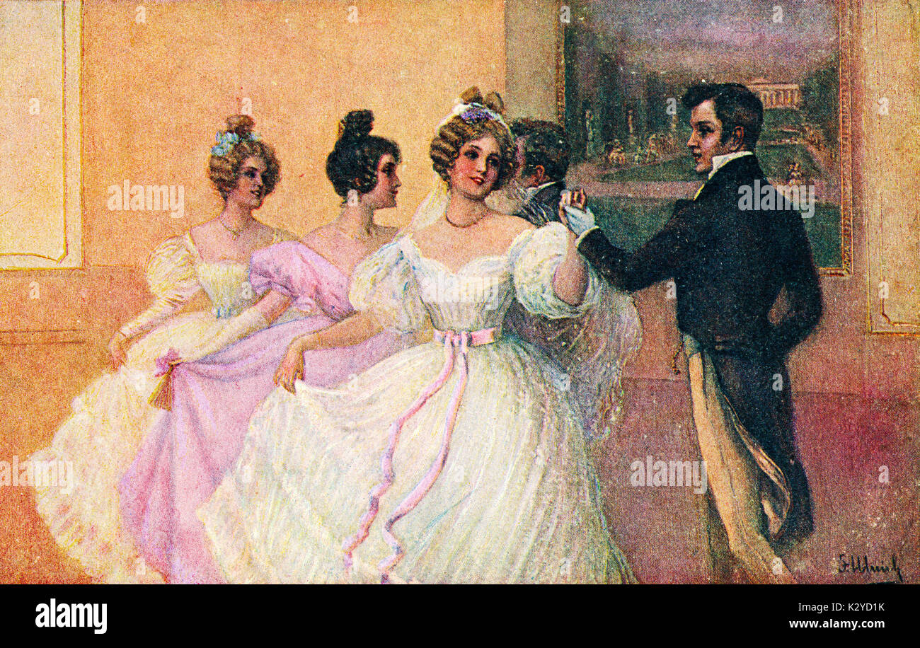 Couples dancing the minuet in a ballroom in c. 1830s. Vaporous dresses, Victorian hairstyles. Stock Photo