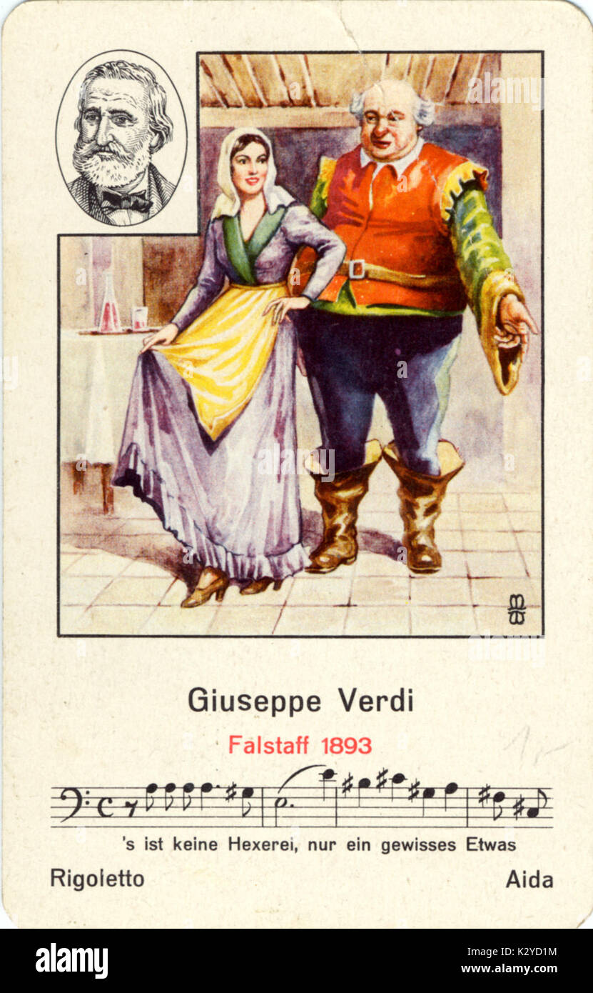 G. Verdi's opera Falstaff with scene with hero. Illustration on a playing card. Italian composer (1813-1901) Stock Photo
