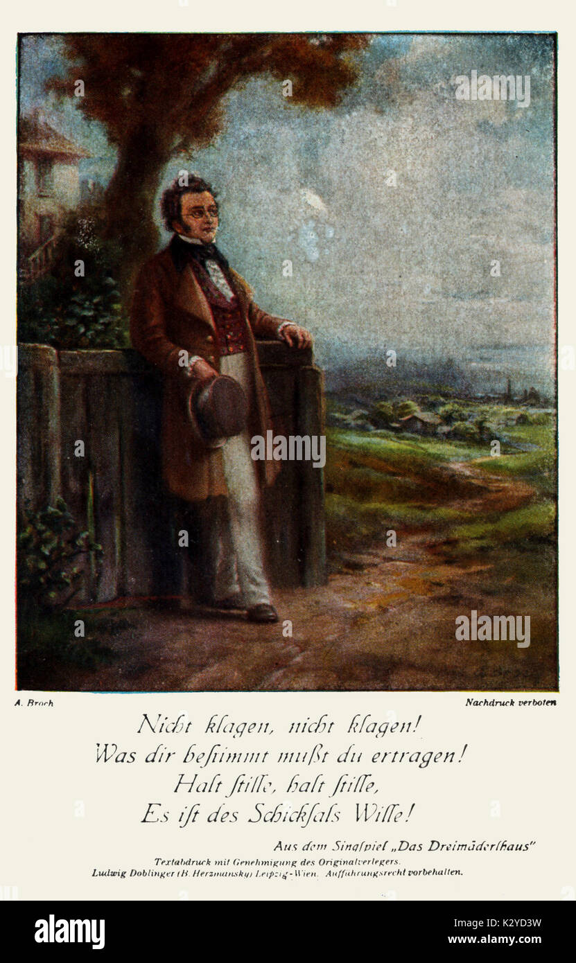 Franz Schubert by  A Broch, c1920. ' Das Dreimäderlhaus'. Caption: 'Don't complain,/ You have to achieve what was meant for you./  Be quiet, be quiet,/It's fate's wish. Singspiel  with text by A M Willner and Heinz Reichert. Stock Photo