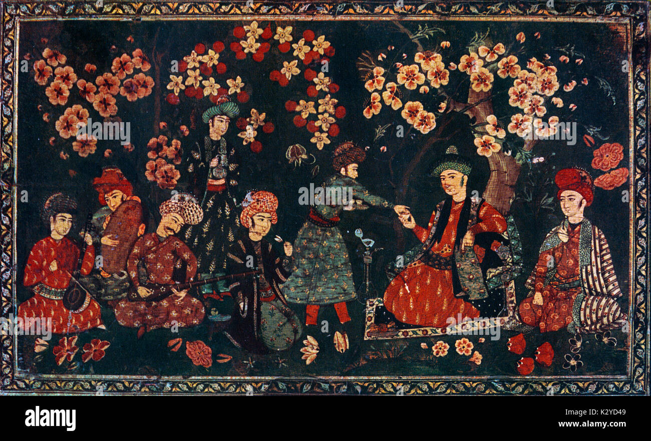 Instruments - Ancient - Persian 'I will show you a sevenfold thing: the bell-drum, the tambourine, the lute, the goblet, the wine, the friend, and the absence of the hated warden. Persian Laquer Painting, Early 17thC.  Rebab Stock Photo