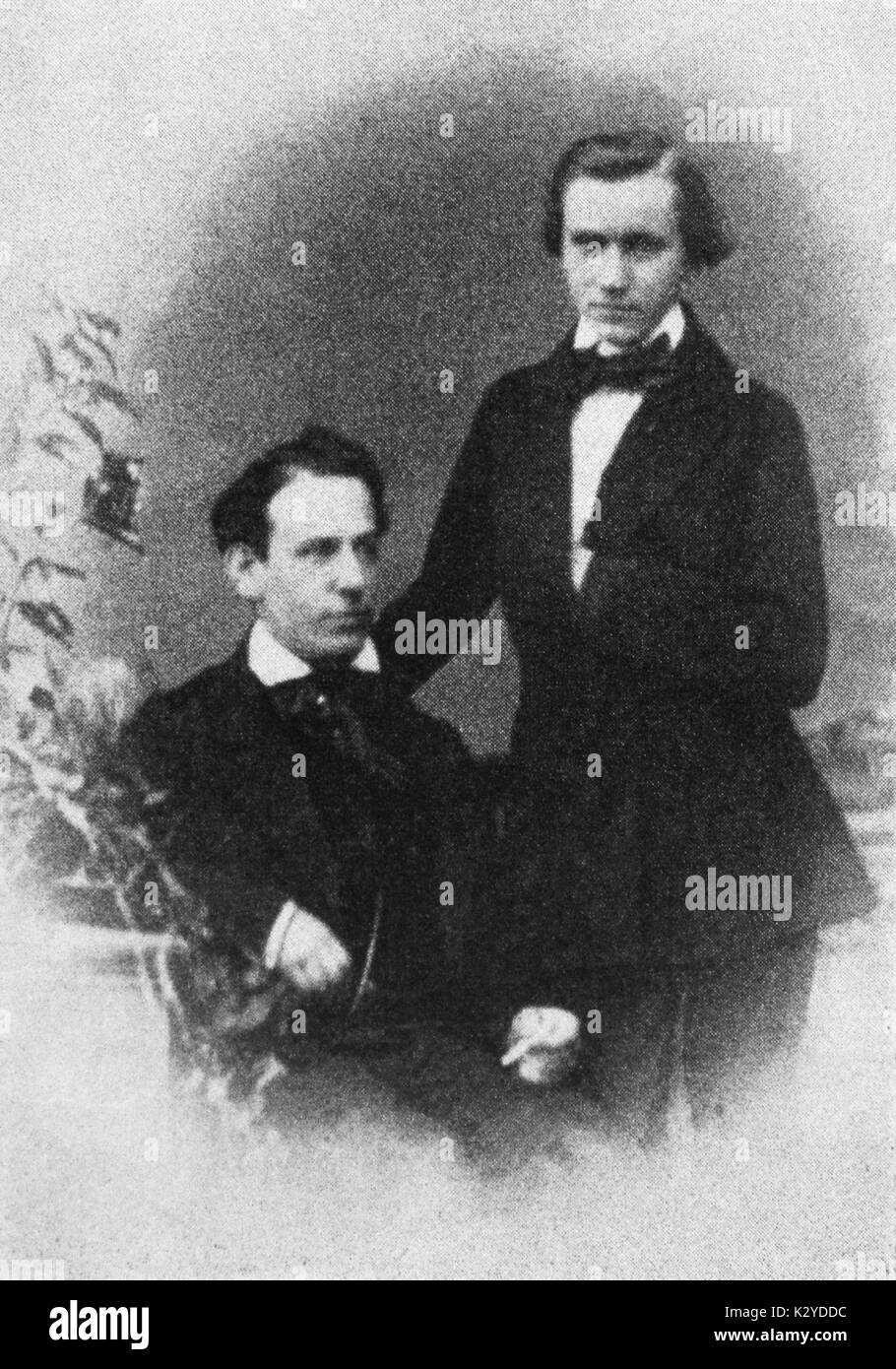 Johannes Brahms - portrait of the German composer with the Hungarian violinist Eduard Reményi, 1853. JB: 7 May 1833 - 3 April 1897. ER: 17 January 1828 - 15 May 1898. Also known as Ede Remenyi or Eduard Hoffmann. Stock Photo