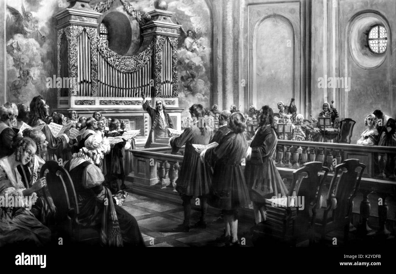 Johann Sebastian Bach playing and conducting  in concert in 1714 in the Schlosskapelle, Weimar. From a painting by H.W. Schmidt. German composer & organist  (1685-1750). Stock Photo