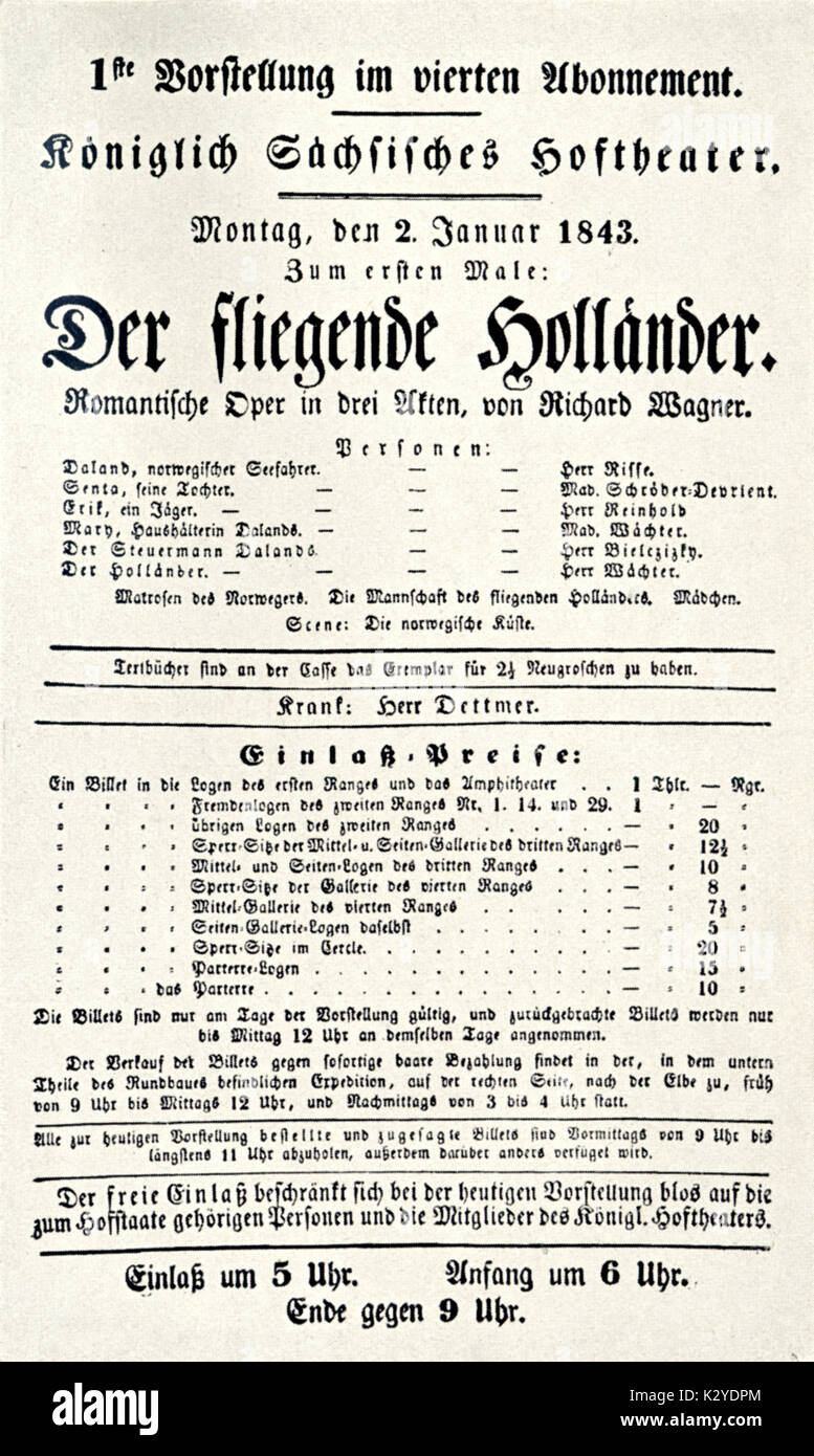Wagner, Richard.  Flying Dutchman - announcement of premiere on 2nd January, 1843 at Dresden Hofoper with Schröder-Devrient,Reinhold, Risse, Wächter.  German composer & author, 1813-1883. Stock Photo