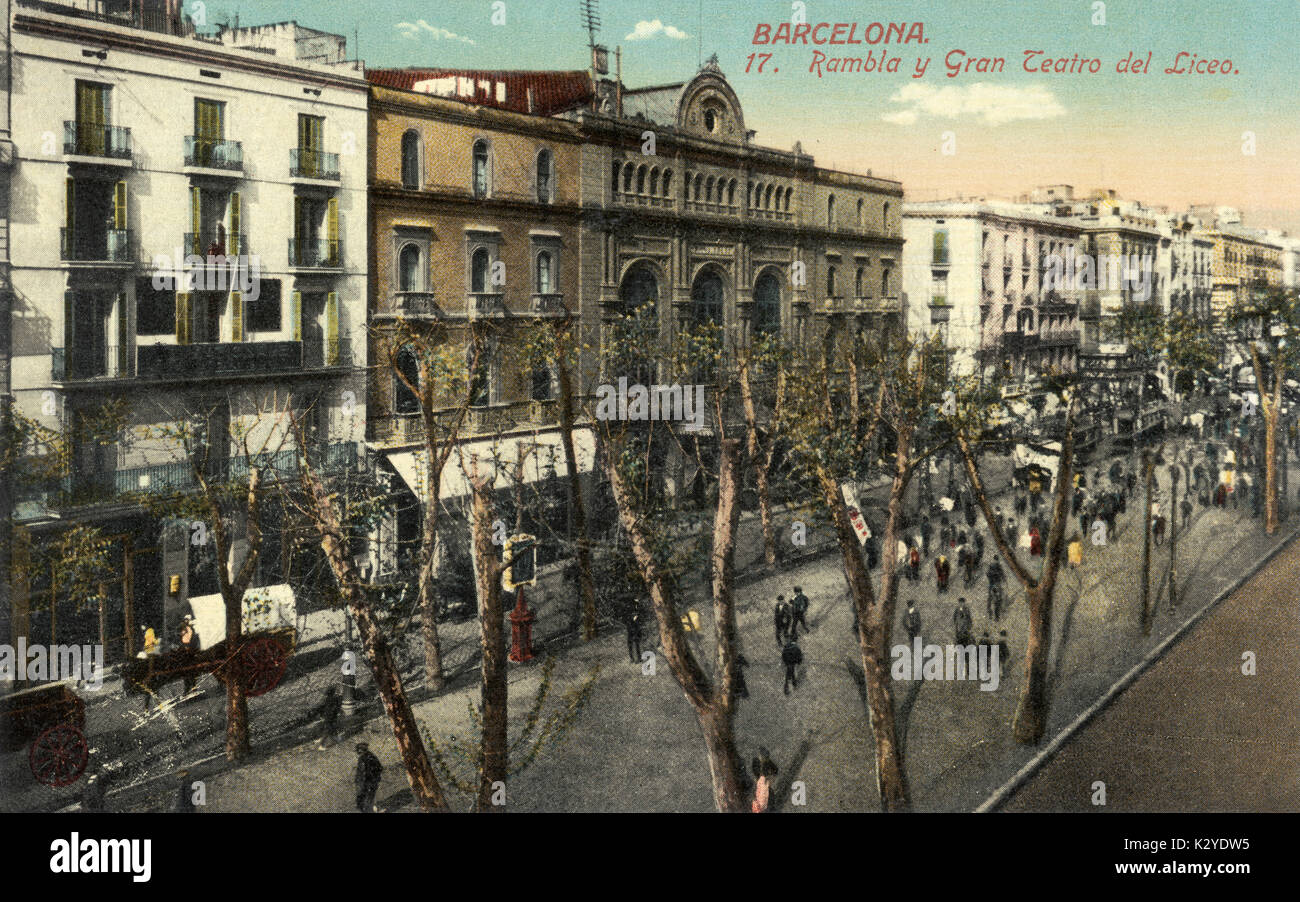 BARCELONA - TEATRO DEL LICEO and the Rambla - turn of the century Theatre and Concert Hall Spain Stock Photo