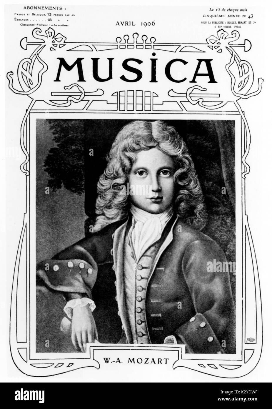 Wolfgang Amadeus Mozart - portrait of the Austrian composer on the cover Musica 1906. 27 January 1756 - 5 December 1791. Stock Photo