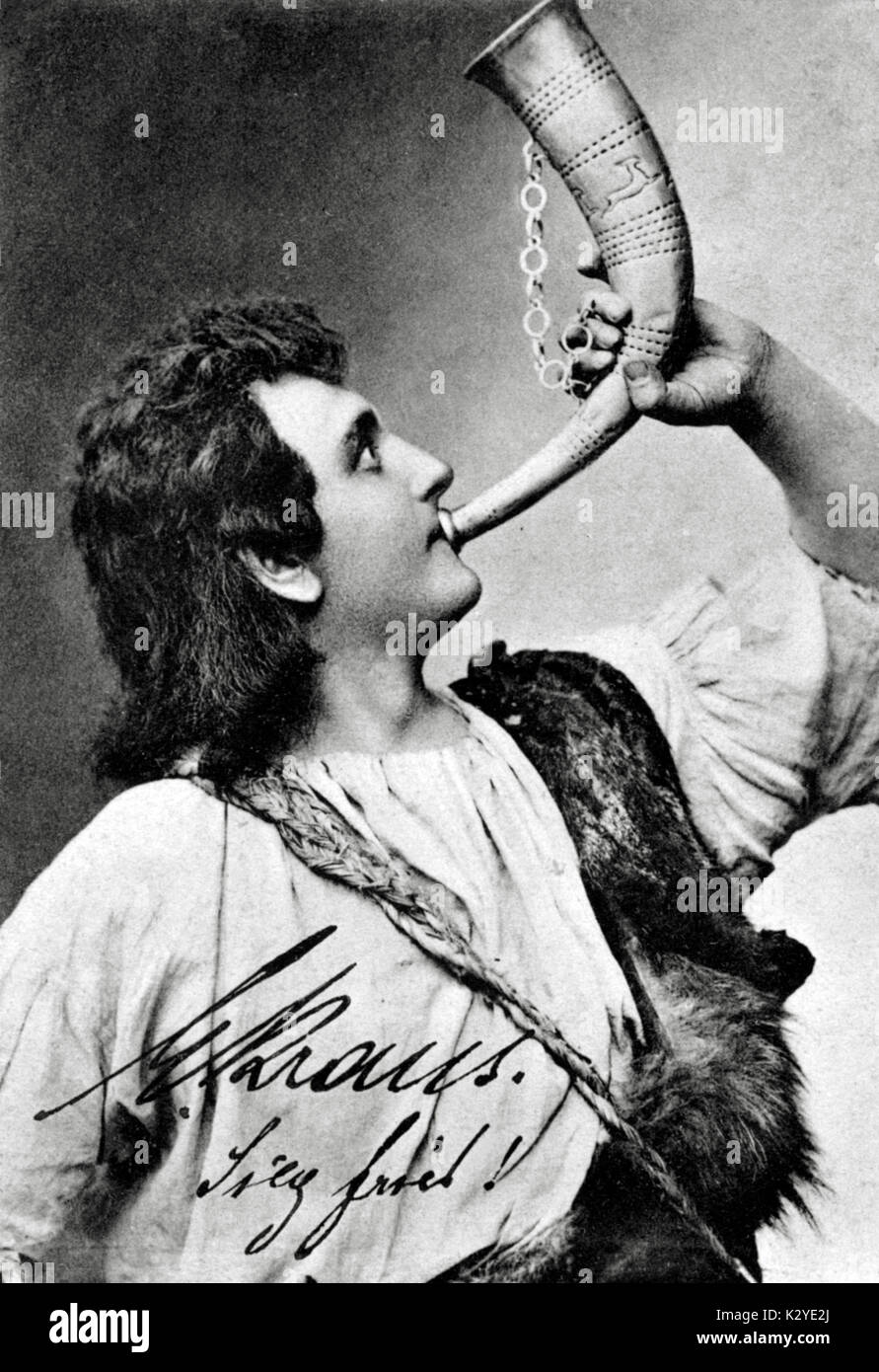Ernst Kraus as Siegfried, blowing horn, in Richard Wagner 's Ring Cycle.  German tenor 8 June 1863 - 6 September 1941. Stock Photo