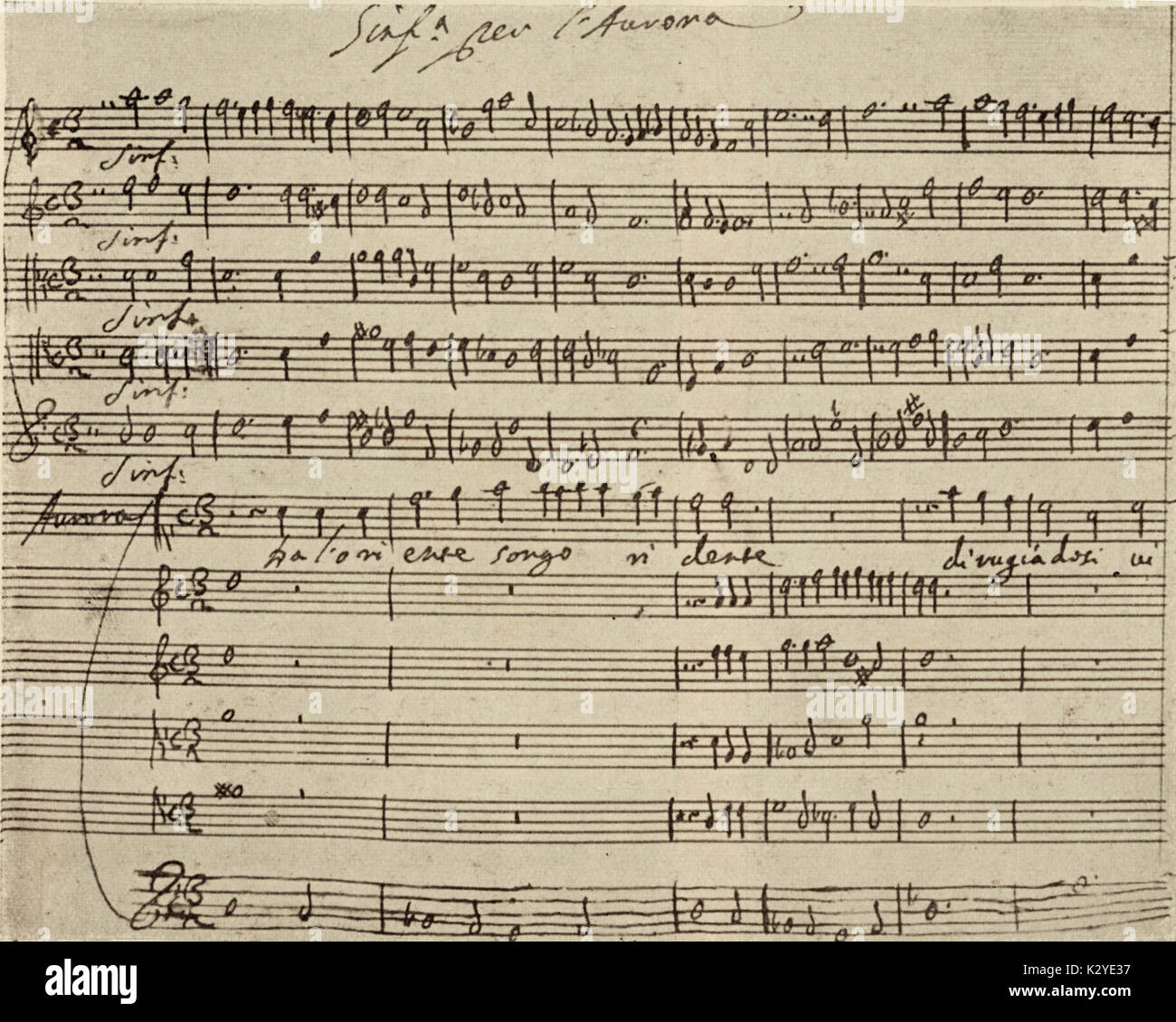 CAVALLI, Francesco - Handwritten score for prologue of his opera, L'Egisto, 1642. (favola drammatica) Venetian Composer and Organist, 1602-1676. Successor to Monteverdi.  Libretto by Giovanni Faustini. Stock Photo