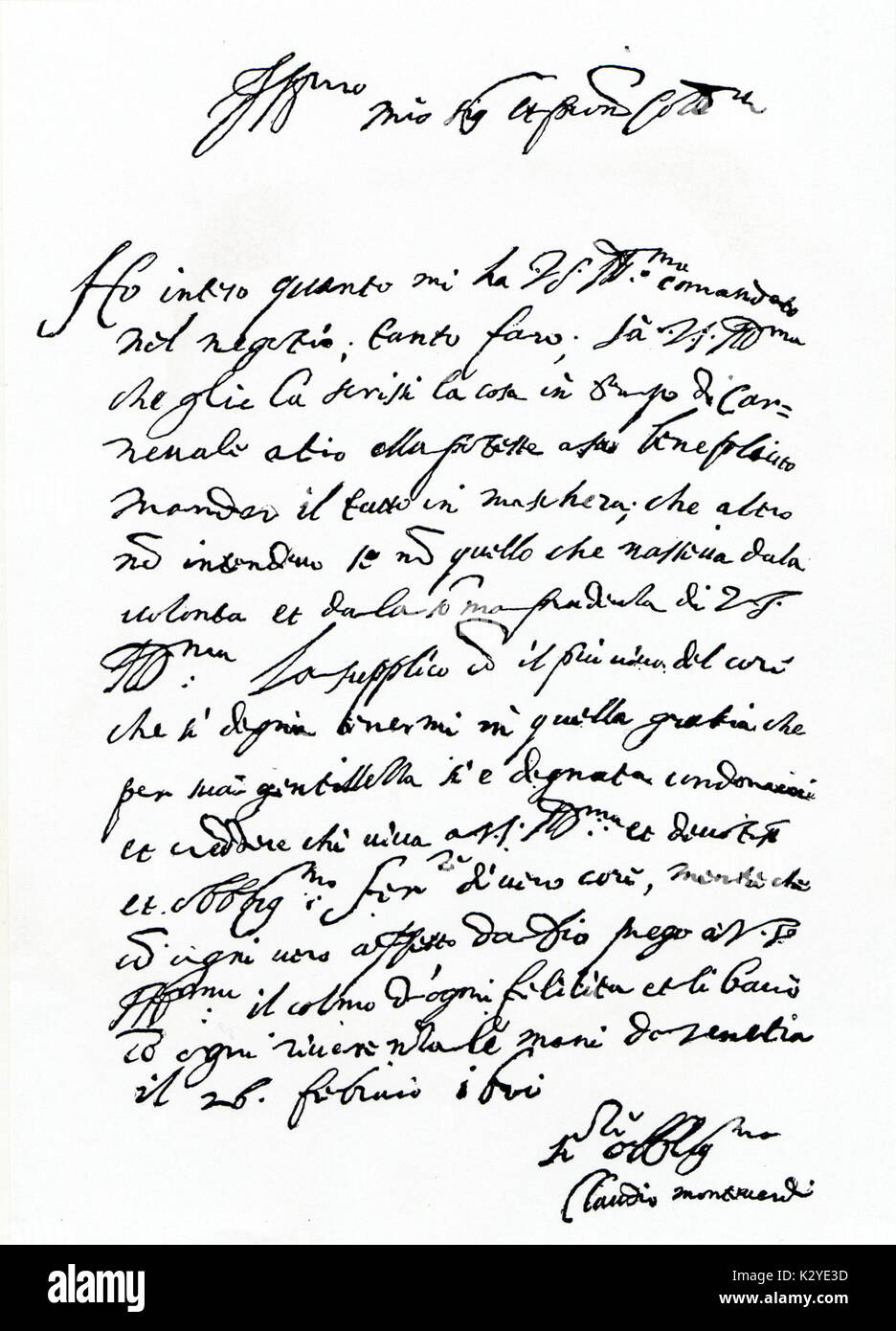 Claudio Monteverdi, autograph letter to his patron-Italian composer. 15 May 1567 - 29 November 1643. Stock Photo