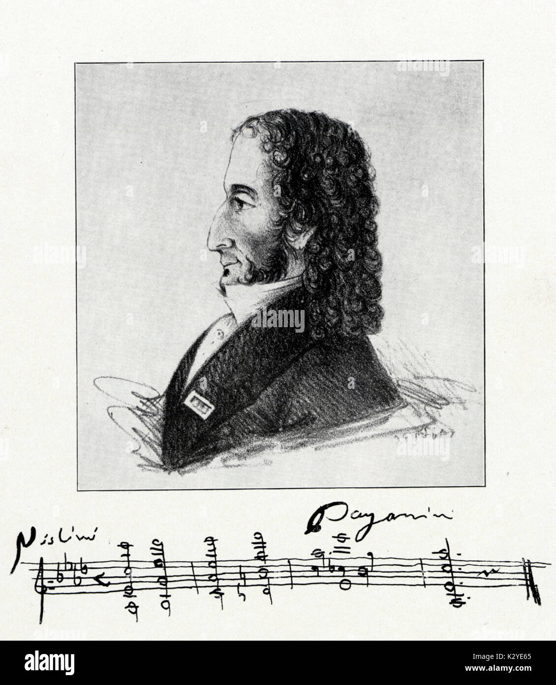 PAGANINI, Niccolo, caricature of head and autograph score. Italian violinist and composer 27 October 1782 - 27 May 1840. Stock Photo