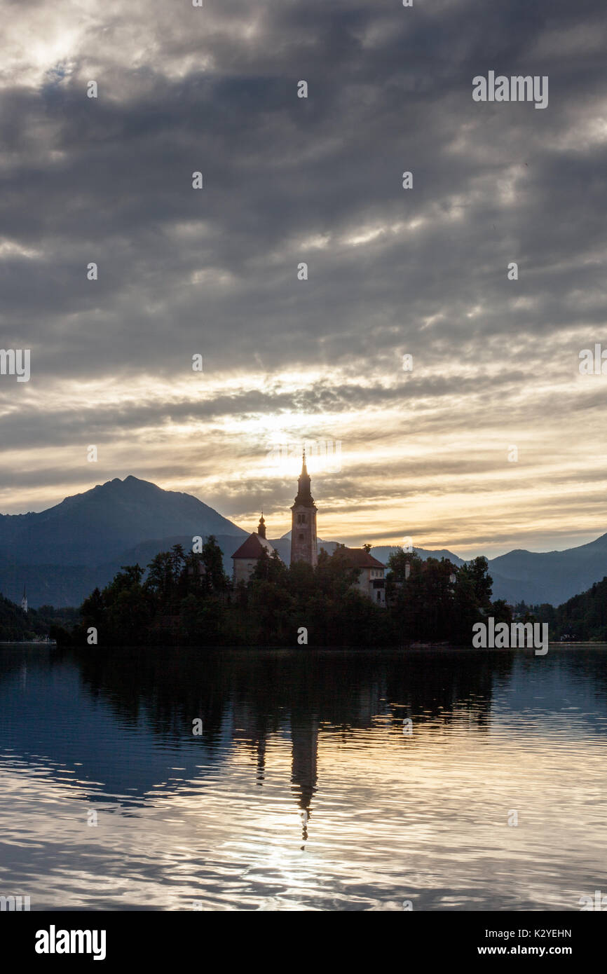 Bled Lake sunrise on the longest day of the year on 21th of July. Stock Photo