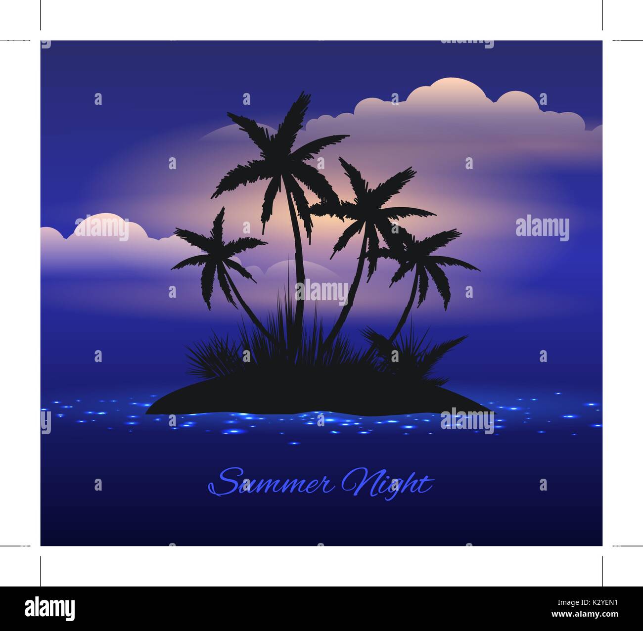 Summer night. Tropical island with palm trees. Vector illustration Stock Vector