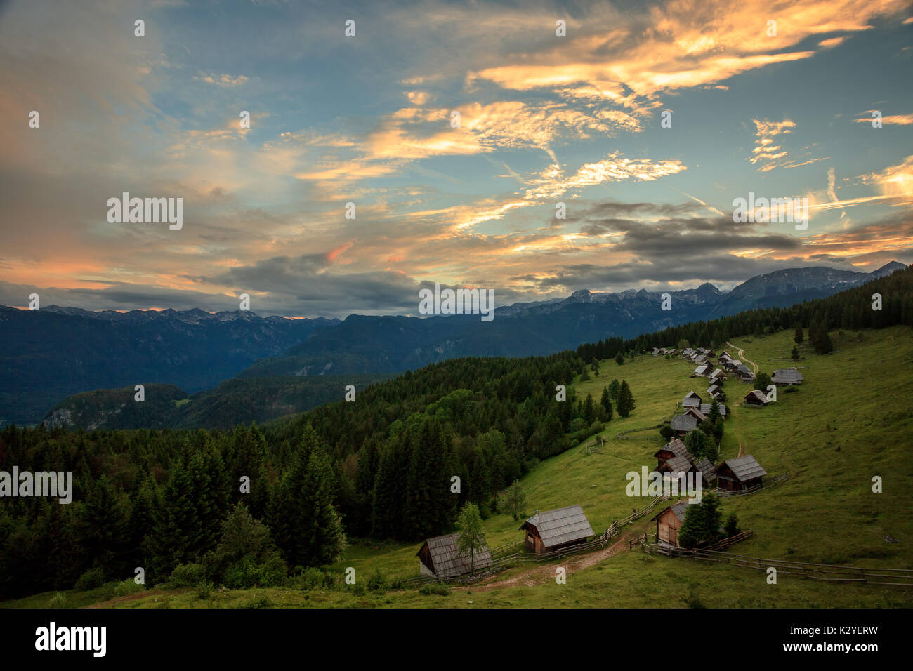 Zajamniki, the pasture village in the mountains of Pokljuka, center of the Julian Alps and Triglav national park is today a holiday village. Stock Photo