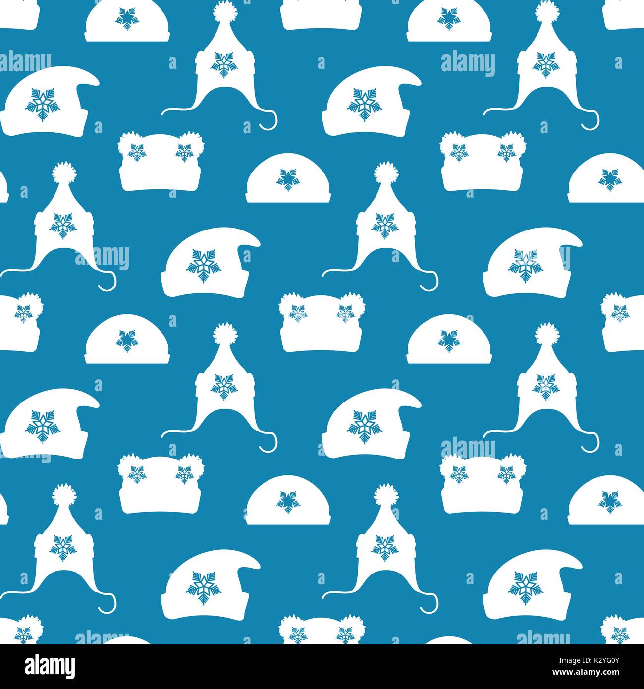 Winter hats silhouettes with snowflakes seamless pattern. Vector winter clothes seamless texture Stock Vector