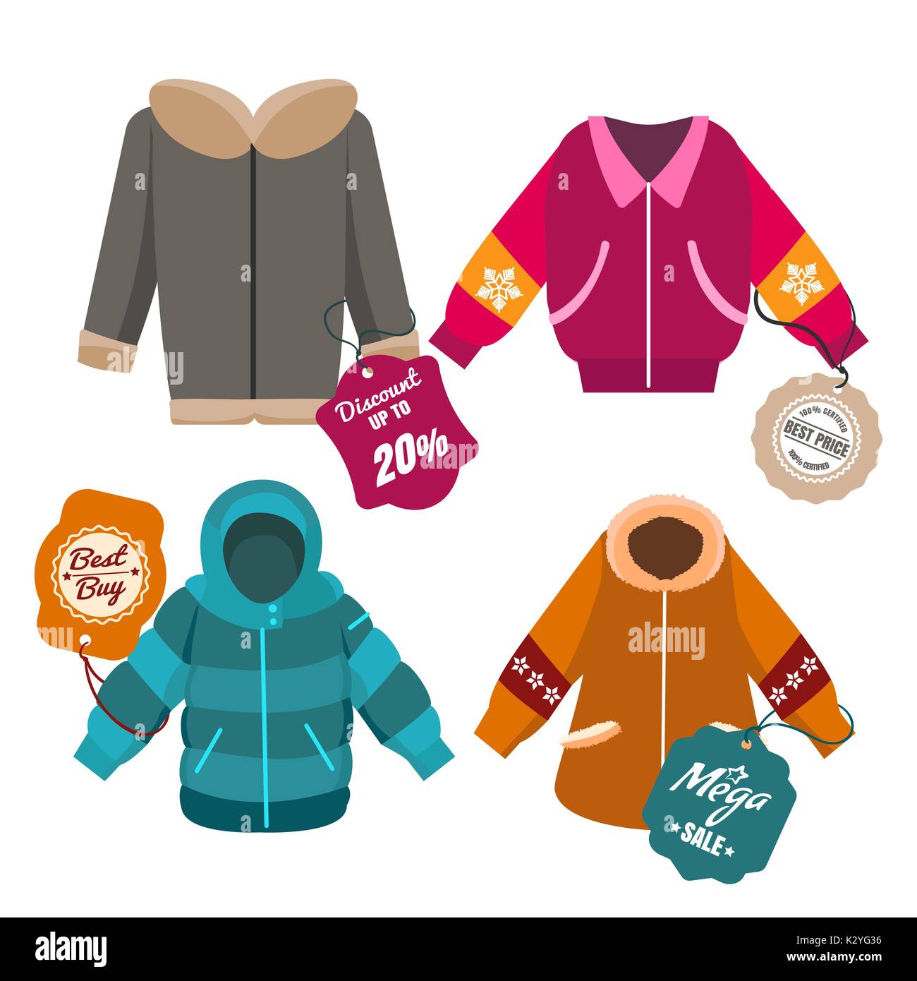 Winter sale coats and jackets with labels, vector illustration Stock Vector