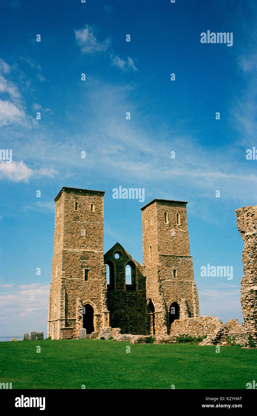 Reculver Roman Fort and towers of Saint Mary's Church in Kent in England in Great Britain in the United Kingdom UK. History Historical Culture Travel Stock Photo