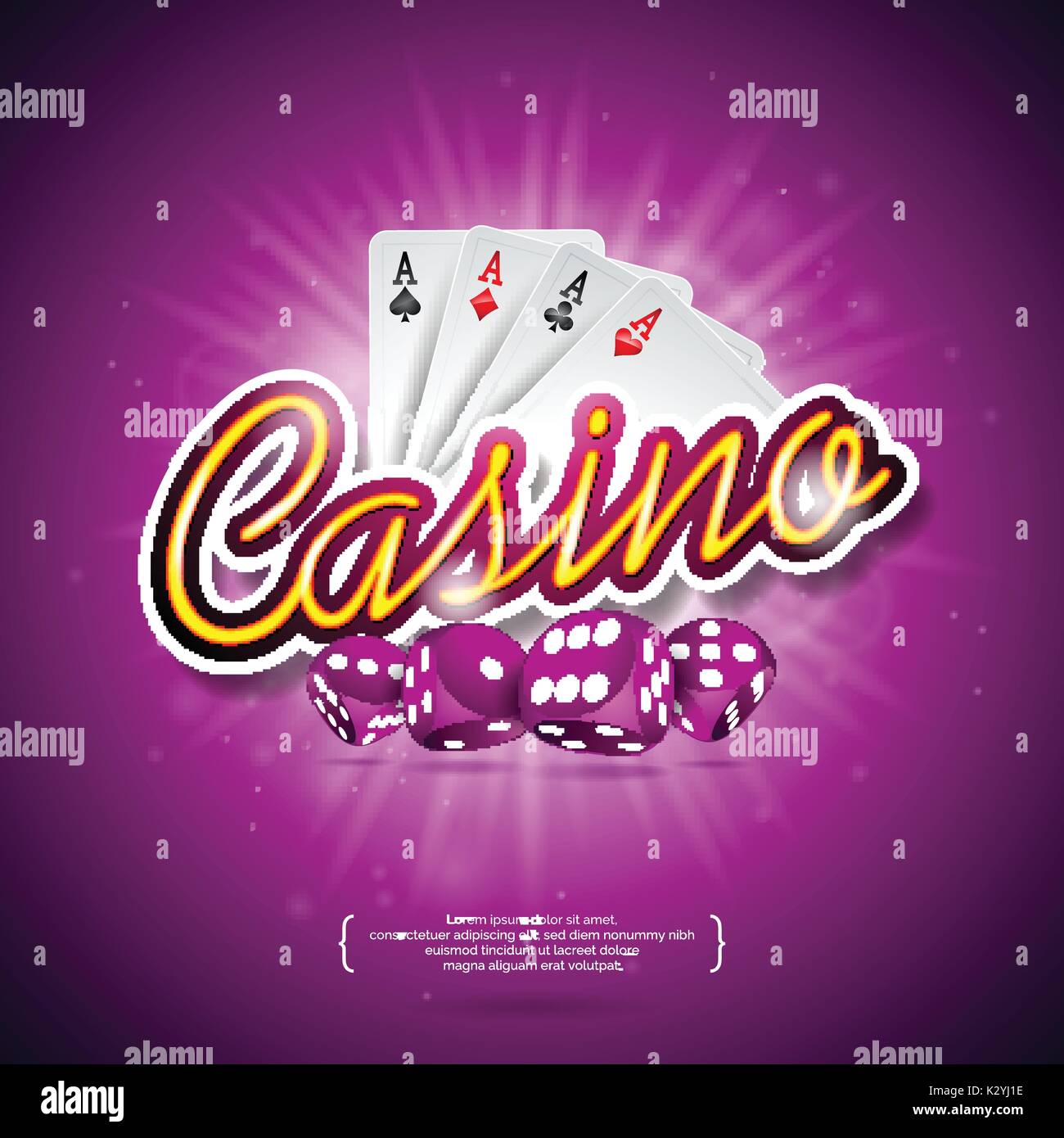 Vector illustration on a casino theme with color playing chips, poker  cards, red dices and shiny caption on dark violet background. Gambling  design el Stock Vector Image & Art - Alamy