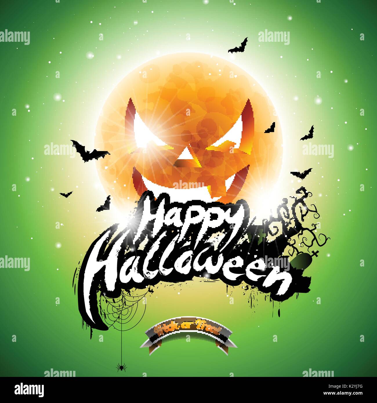 Happy Halloween vector illustration with bats and moon on green ...