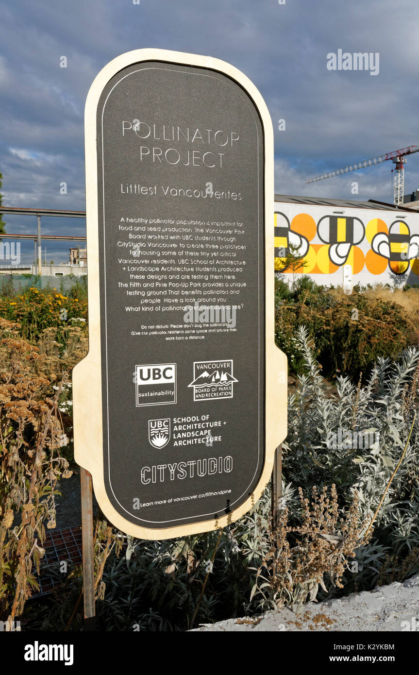 Fifth and Pine pop-up park and pollinator project interpretive sign, Vancouver, BC, Canada Stock Photo