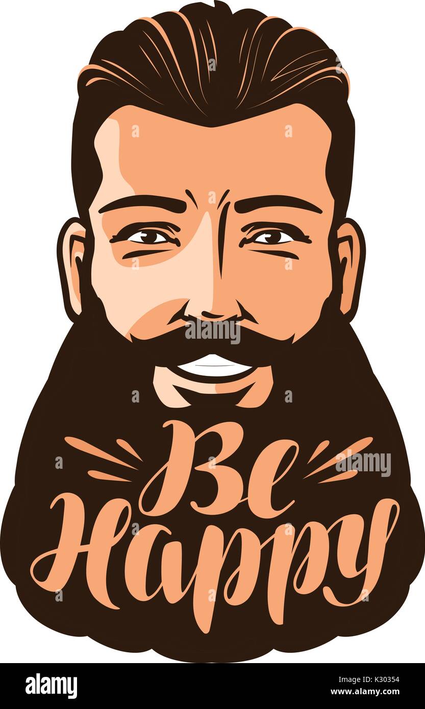 Be happy, lettering. Portrait of bearded man. Vector illustration Stock Vector