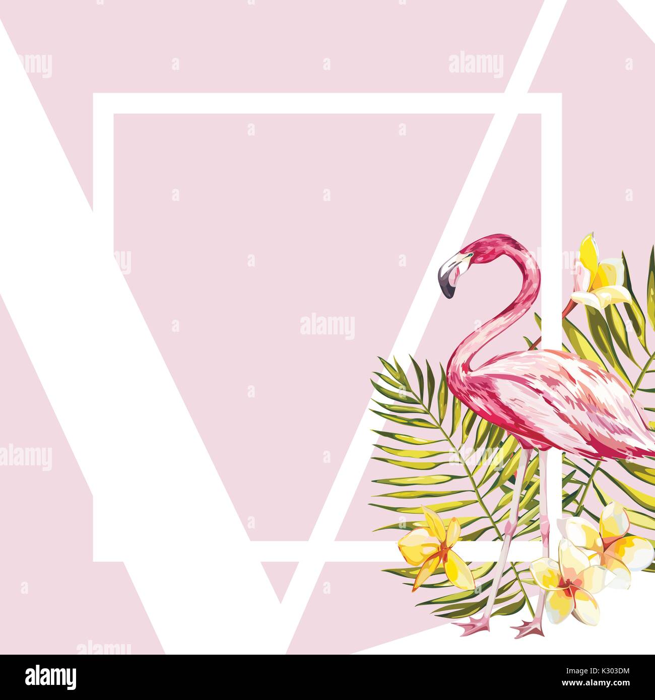 Banner, poster with flamingo, palm leaves, jungle leaf. Beautiful vector floral tropical summer background. EPS 10 Stock Vector