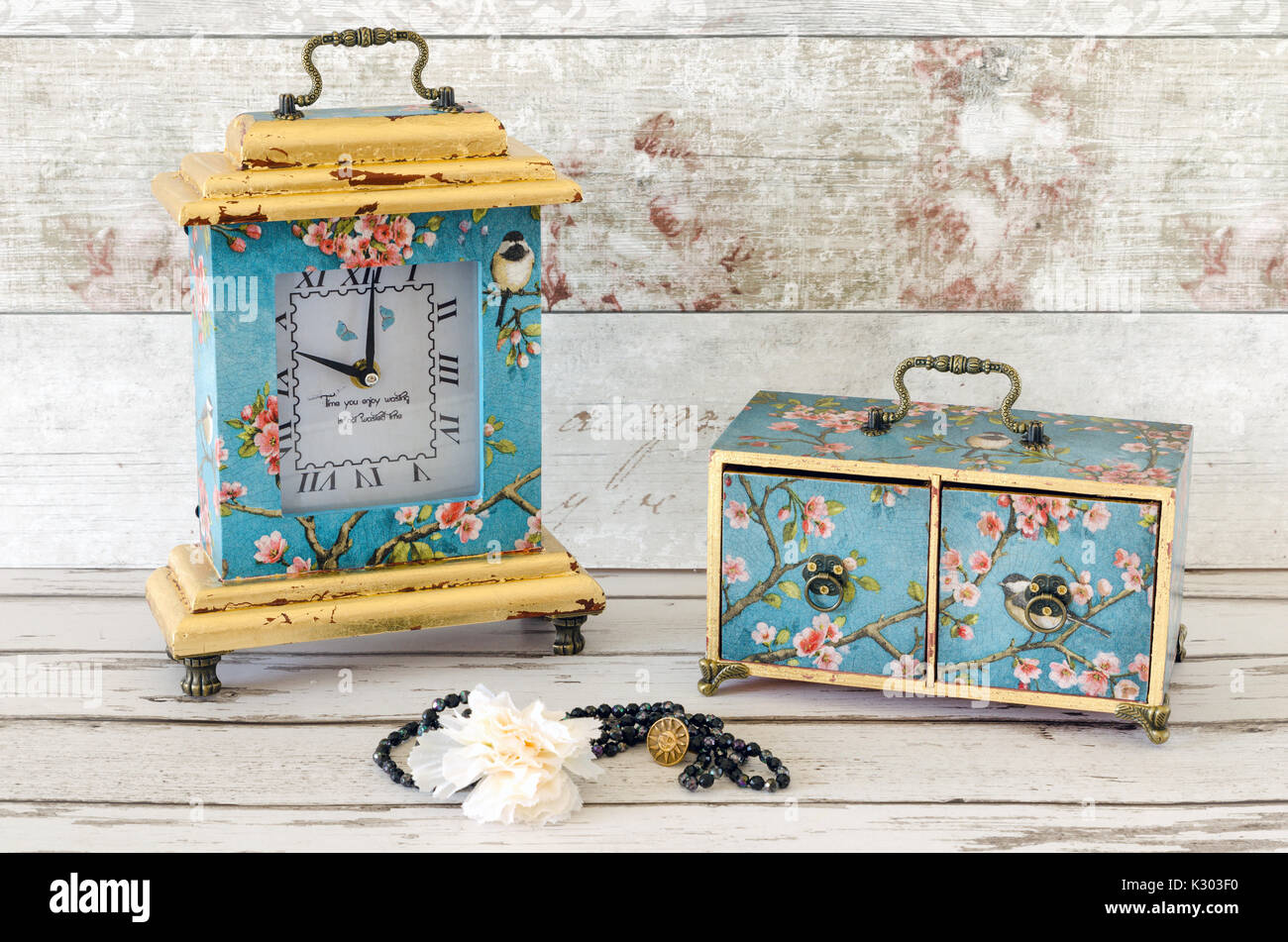 Handmade decoupaged clock and jewellery box Stock Photo Alamy