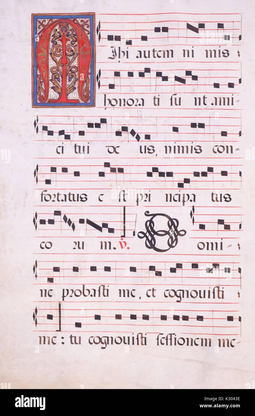 Illuminated manuscript page displaying sheet music, from a Latin manuscript compiled in Spain in the 18th century, 1715. Stock Photo