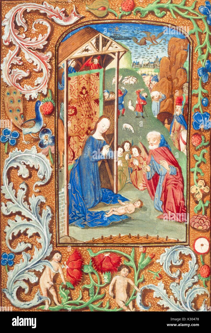 Illuminated manuscript page depicting Mary, Joseph, and the baby Jesus as well as angels and townspeople, from a 15th century Dutch book of hours, 1495. Stock Photo