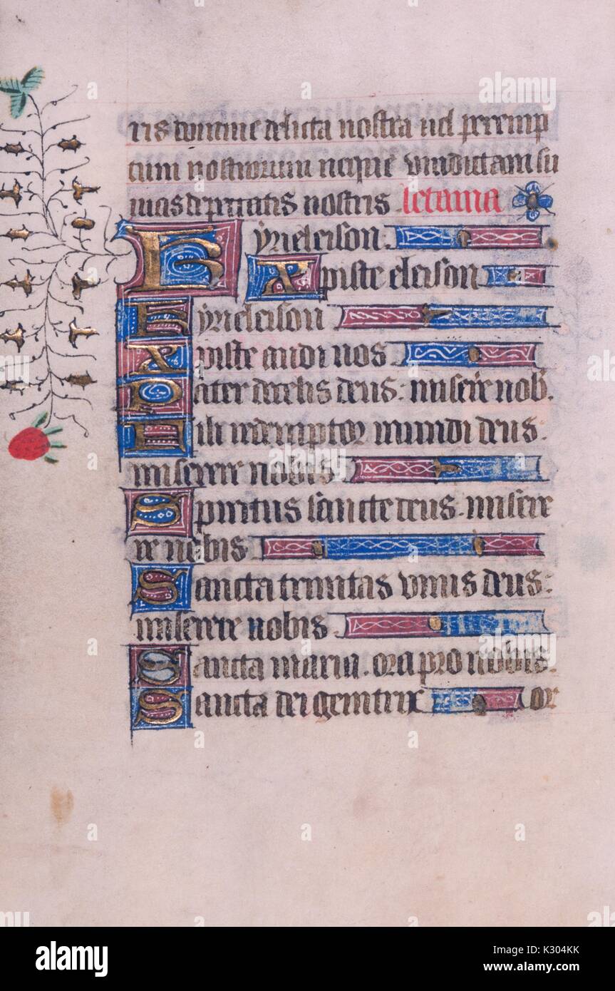 Illuminated manuscript page of prayer in Latin with ornamental initials and bordering, from the 'Missale Romanum, ' a 15th century Latin book of hours, 2013. Stock Photo