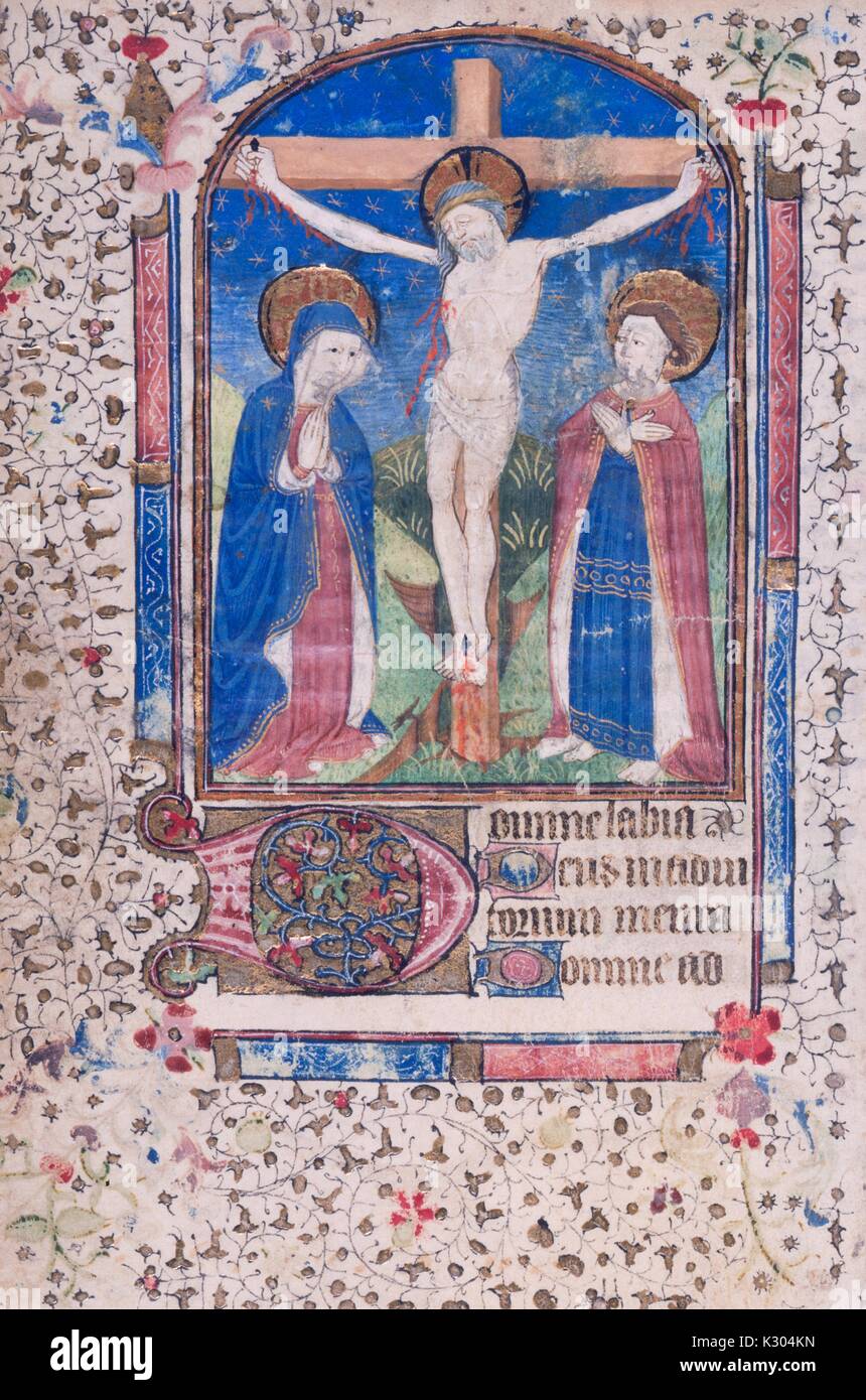 Illuminated manuscript page depicting Jesus Christ on the cross, from the 'Missale Romanum, ' a 15th century Latin book of hours, 2013. Stock Photo