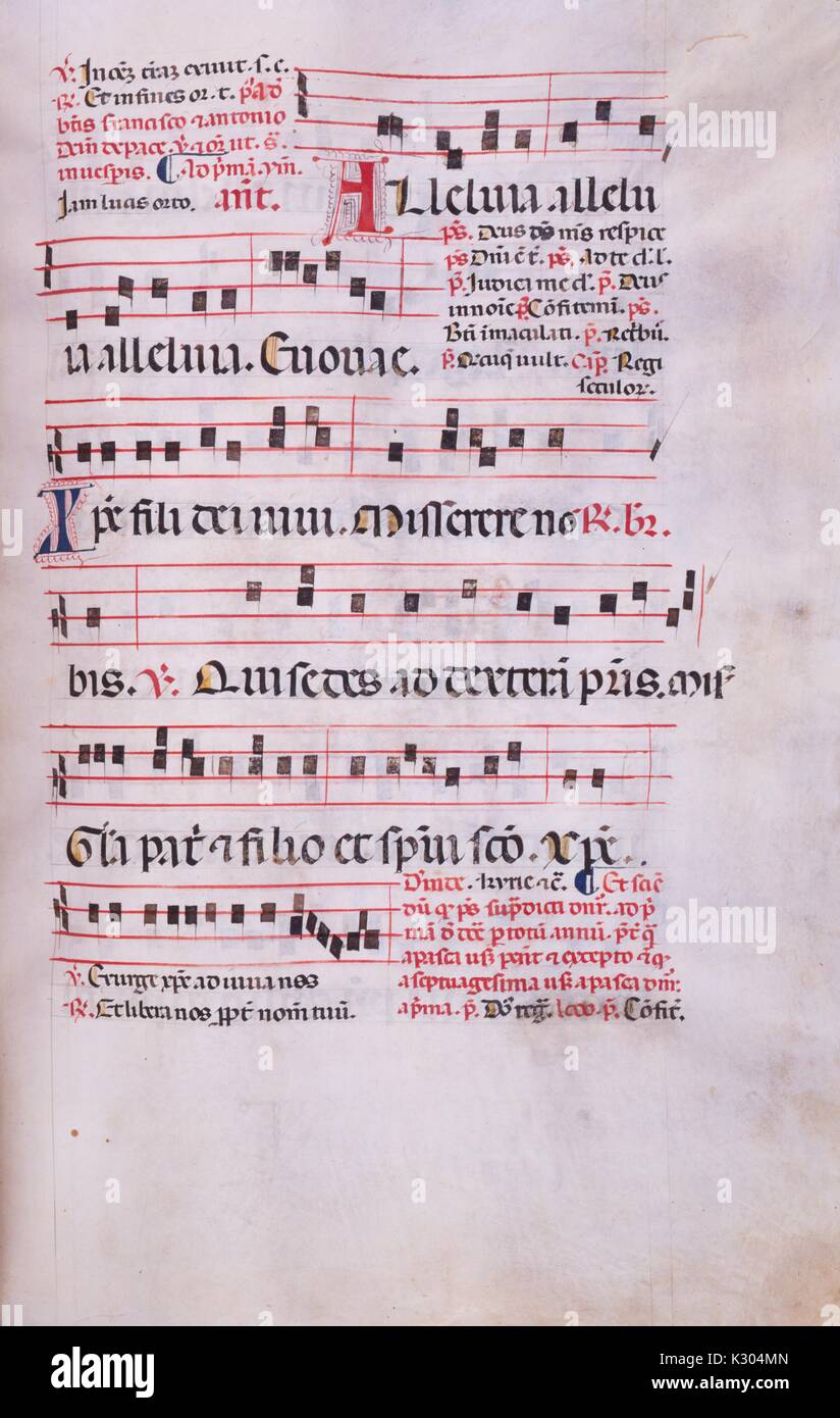 Illuminated manuscript page of music from the 'Incipit antiphonarium nocturnum, ' a 15th century Latin antiphonary from the Catholic Church, 2013. Stock Photo