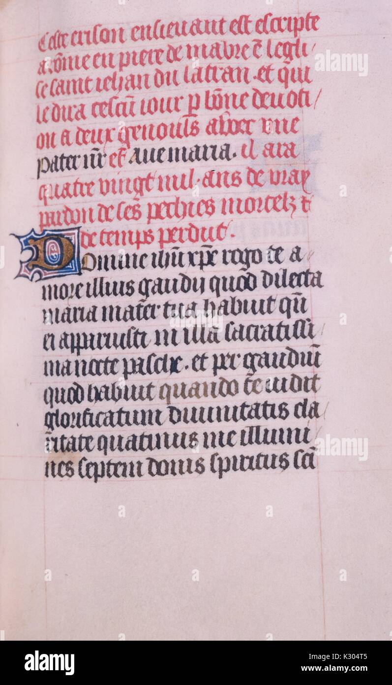 Illuminated manuscript page of prayers from the 'Horae Beatae Virginis, ' a Latin prayer book presumably from a community of nuns, 2013. Stock Photo