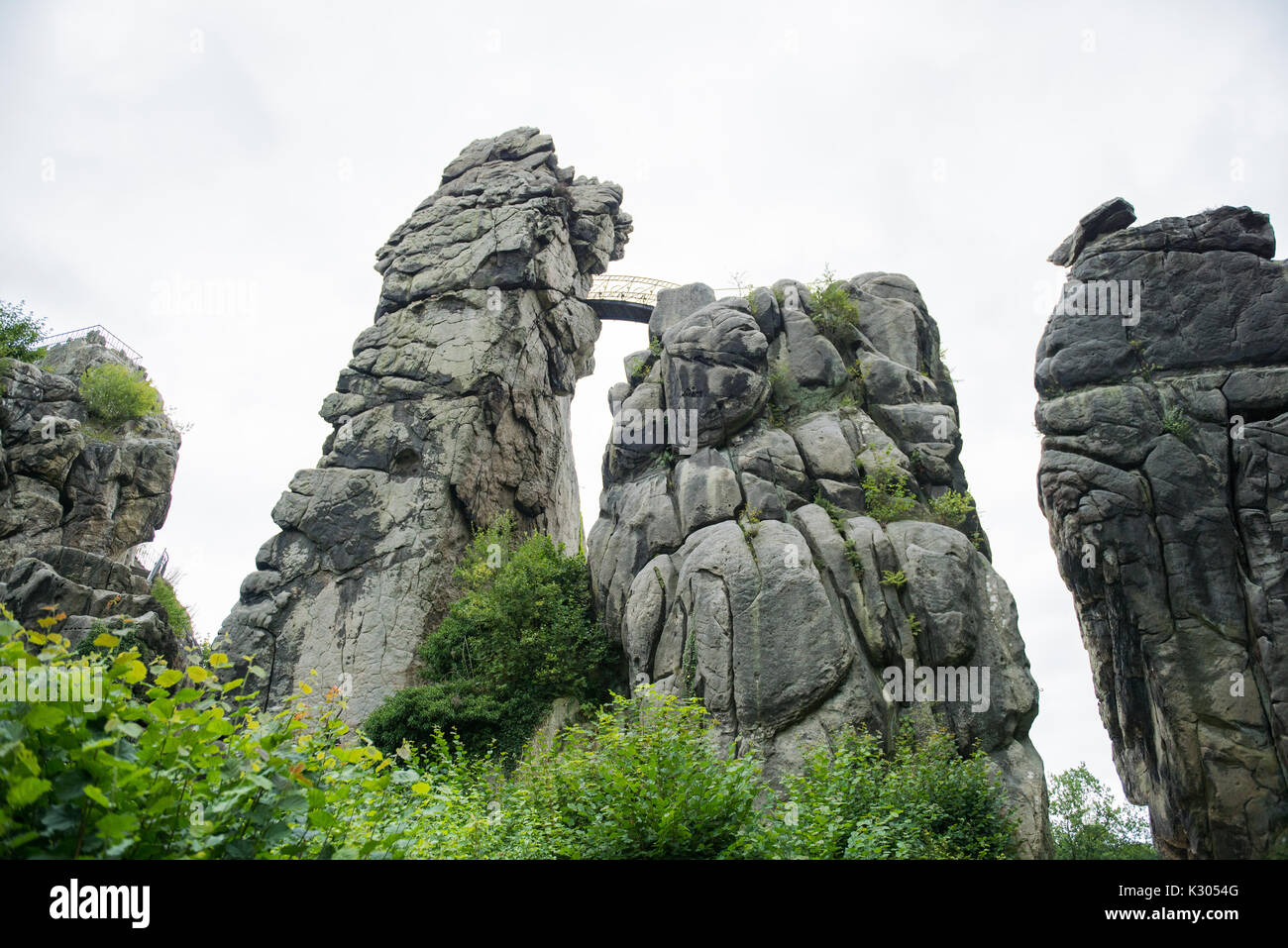 Externsteine at the hiking trail in the Teutoburg Forest, North Rhine-Westphalia Stock Photo