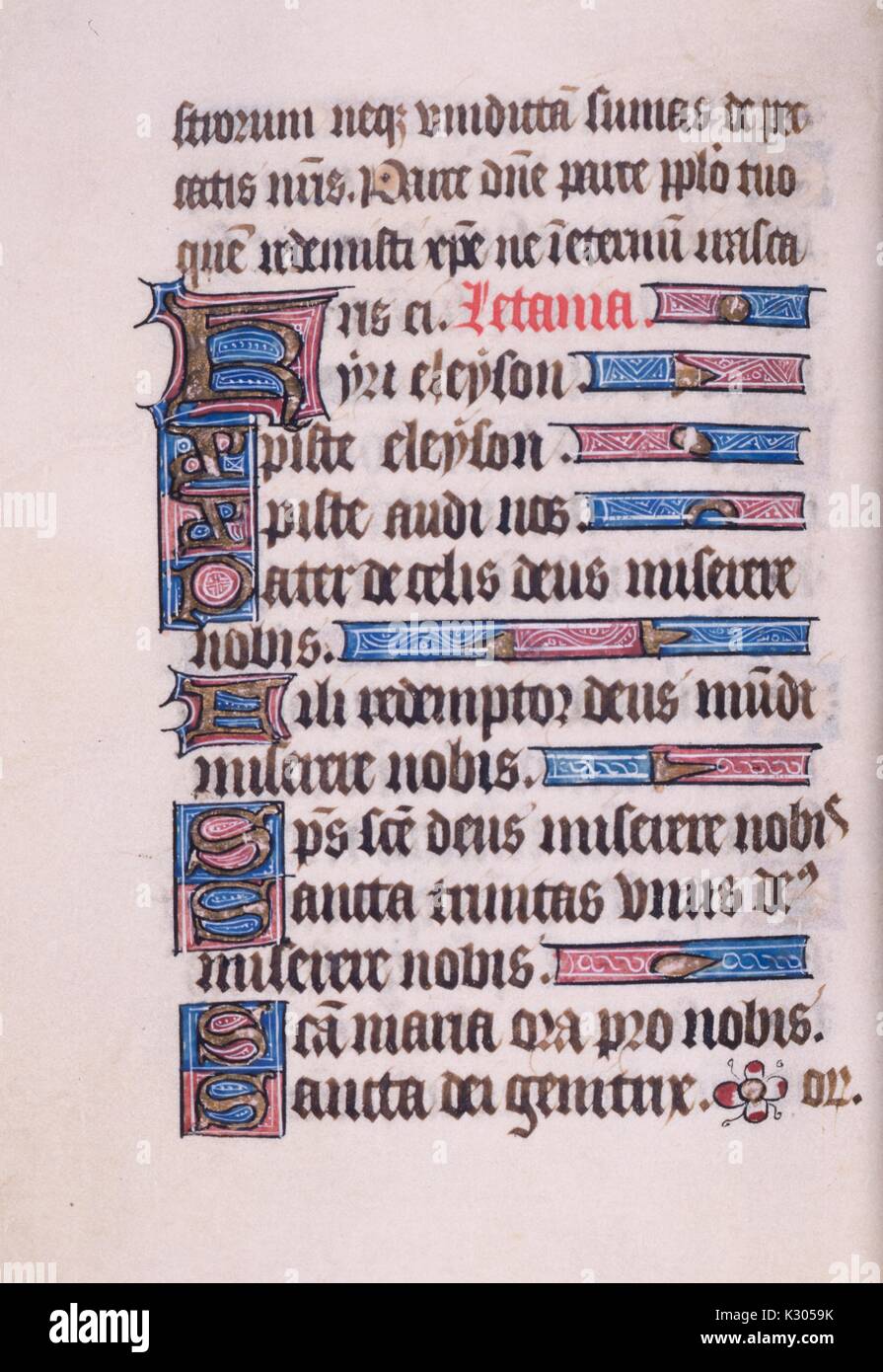 Illuminated manuscript page of prayer written in Latin with decorative initials and borders, from the 'Initium sancti euangelii secundum iohannem, gloria tibi domine, a 15th century Latin book of hours, 2013. Stock Photo