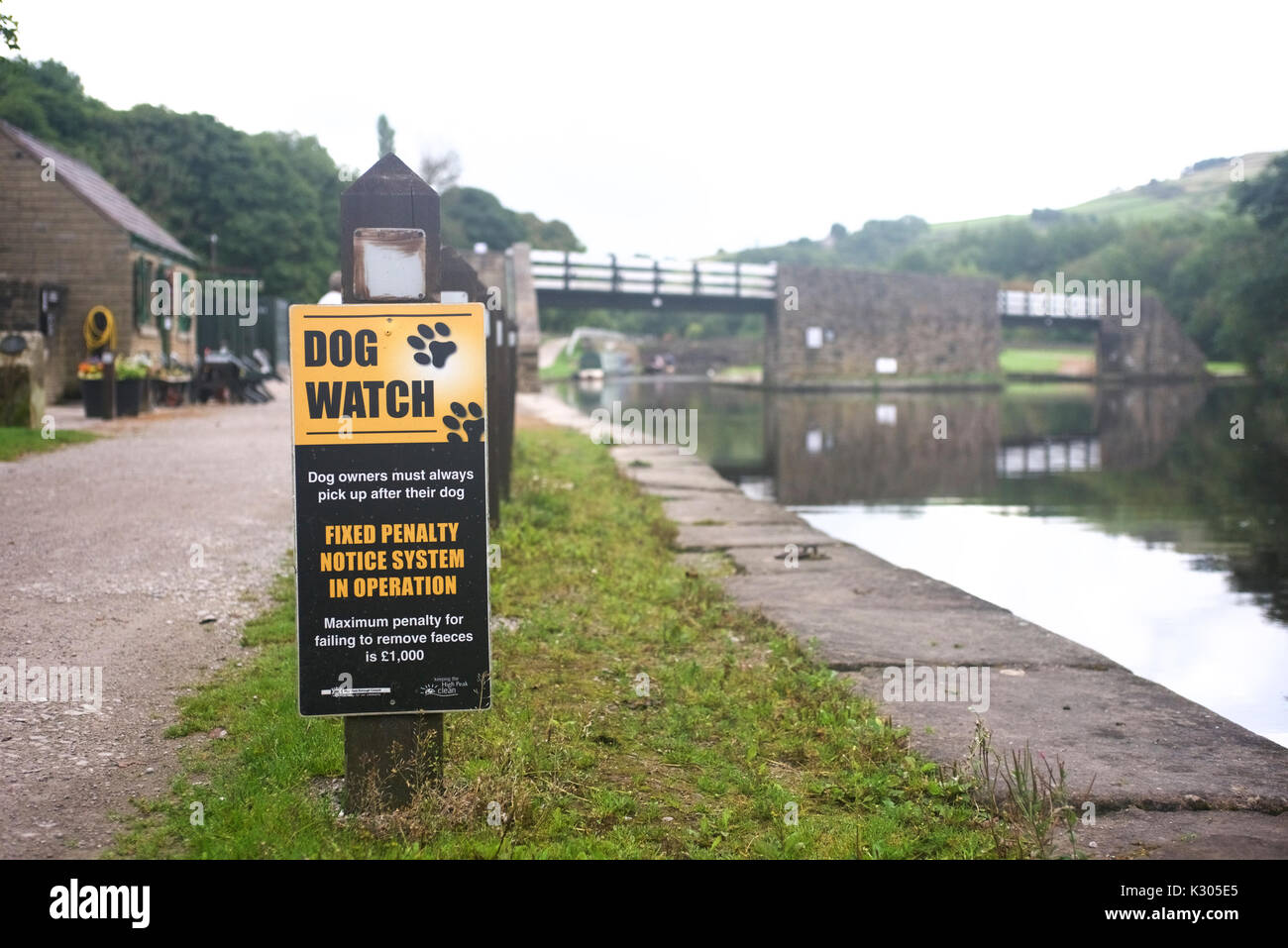 A dog warning sign at Bugsworth Canal Basin, Derbyshire. Stock Photo
