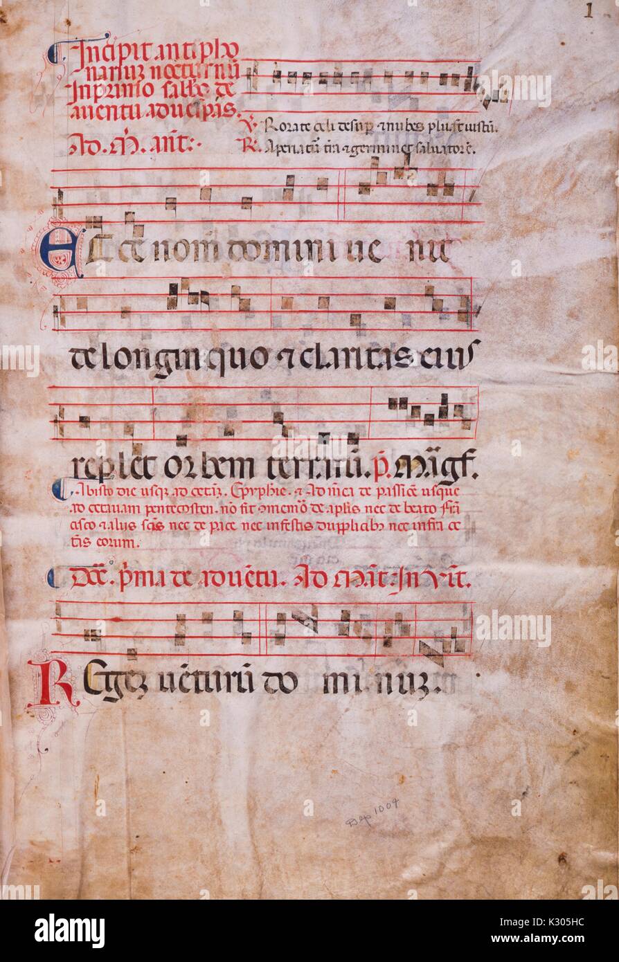 Illuminated manuscript page of music, from the 'Incipit antiphonarium nocturnum, ' a 15th century Latin antiphonary from the Catholic Church, 2013. Stock Photo