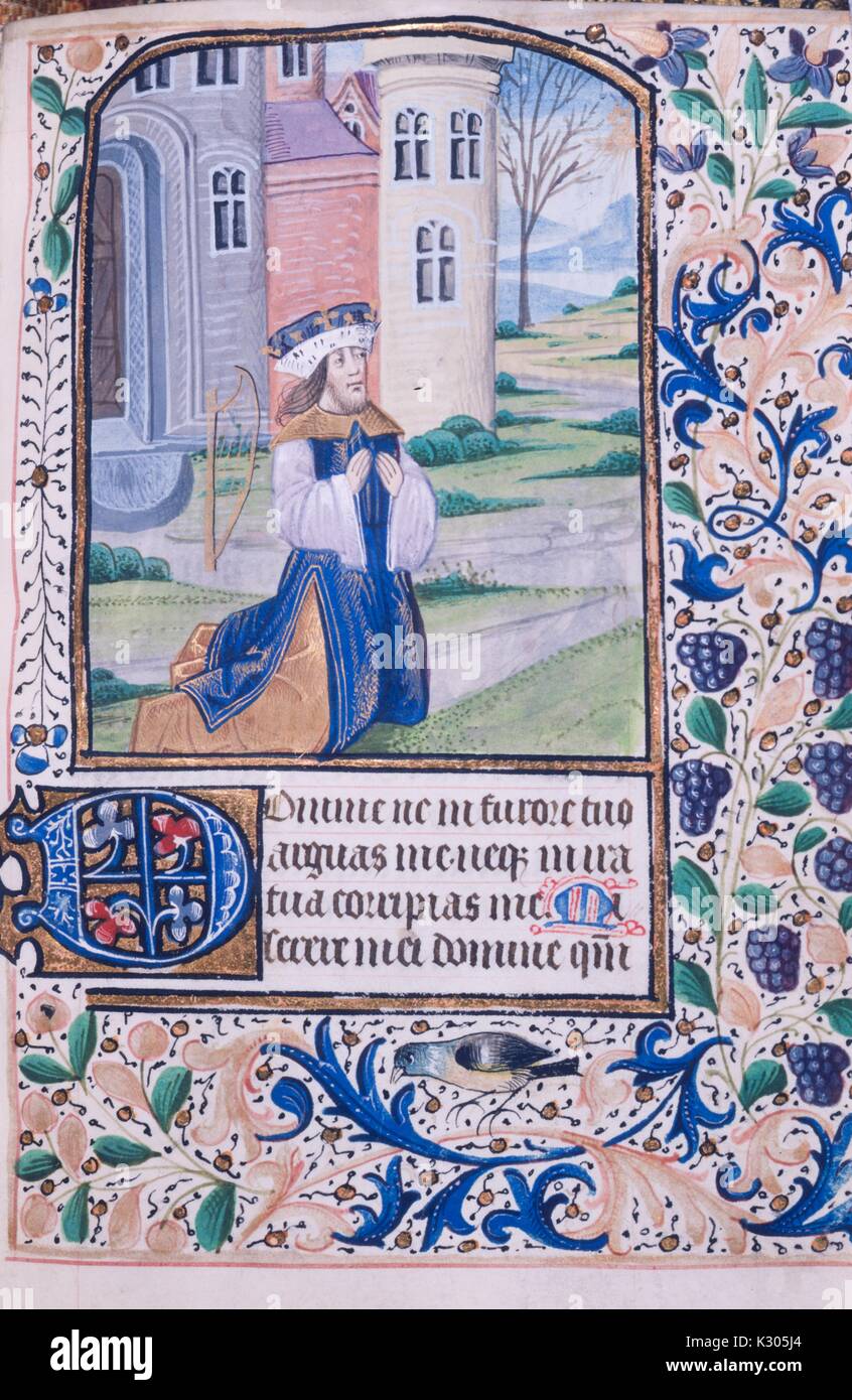 Illuminated manuscript page depicting a king praying on his knees, from the 'Horae Beatae Virginis, ' a Latin book of hours presumably from a community of nuns, 2013. Stock Photo