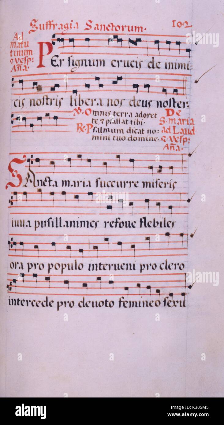 Illuminated manuscript page of music, from the 'Incipit comune sanctorum, In uigilia Apostolorum ad uesperas, ' a 15th and 16th century Latin antiphonary of the Catholic Church, 2013. Stock Photo