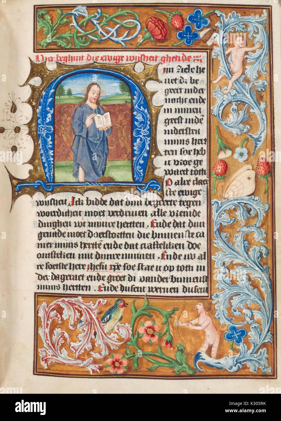 Illuminated manuscript page depicting Jesus Christ teaching with an open book, from a 15th century Dutch book of hours, 2013. Stock Photo