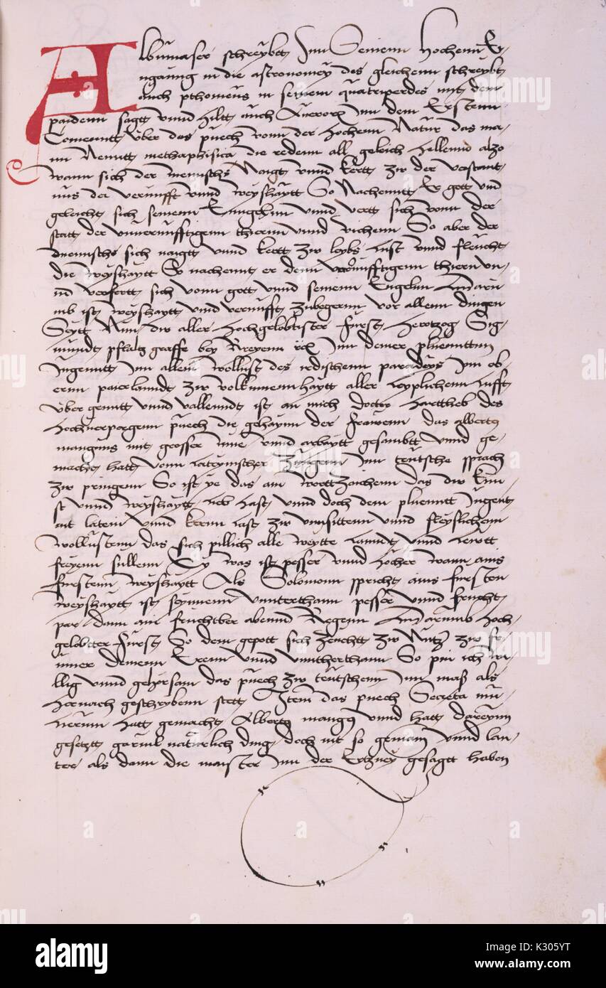 Illuminated manuscript page from 'Die heimlichkeiten der weiber' printed in German, 1400. Stock Photo